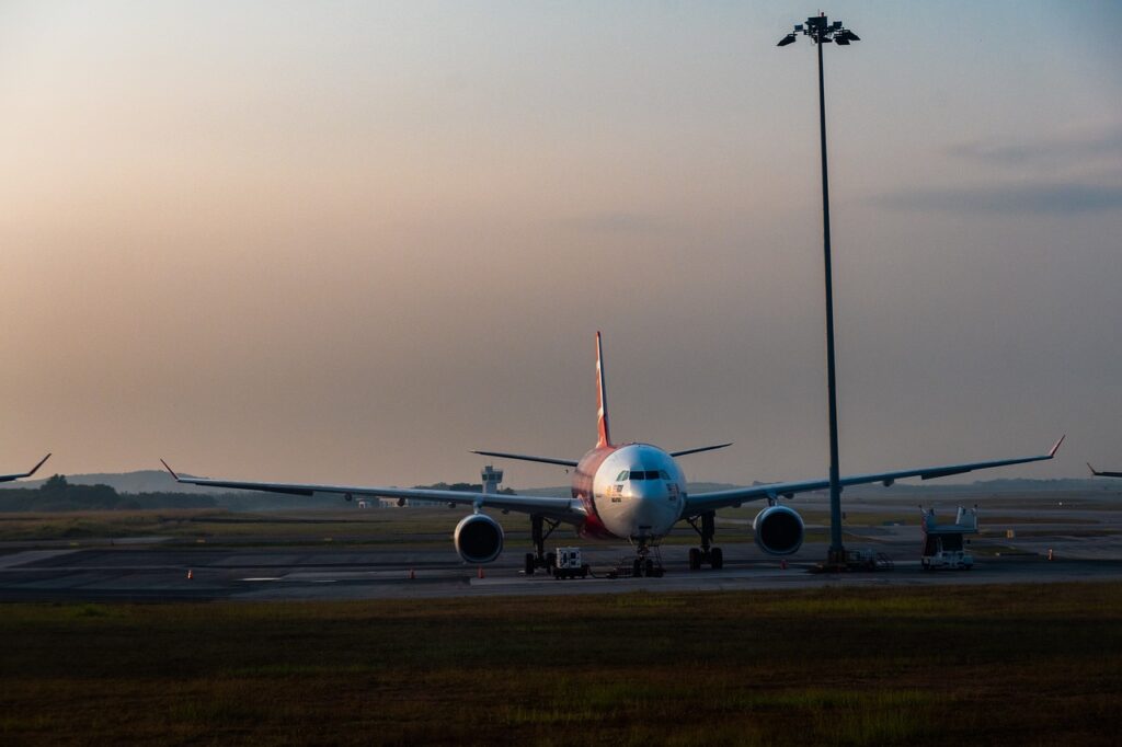 Sleek commercial aircraft in flight, representing the pinnacle of aviation industry.