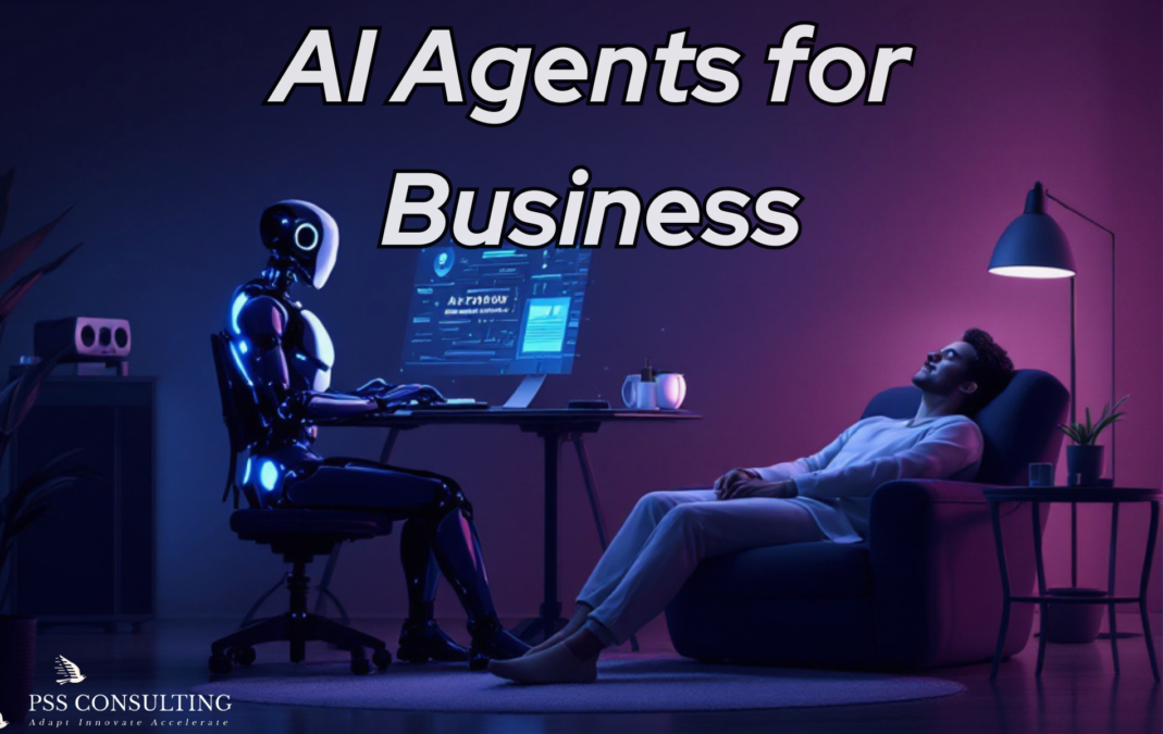 A humanoid AI agent working at a desk in a futuristic office while a man relaxes in a chair, symbolizing AI-driven efficiency in business workflows