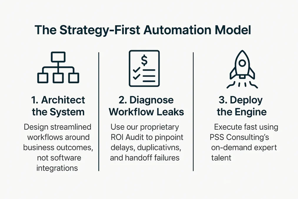 Visual diagram illustrating PSS Consulting’s three-step Strategy-First Automation Model: Architect the system, Diagnose workflow leaks, and Deploy the engine.