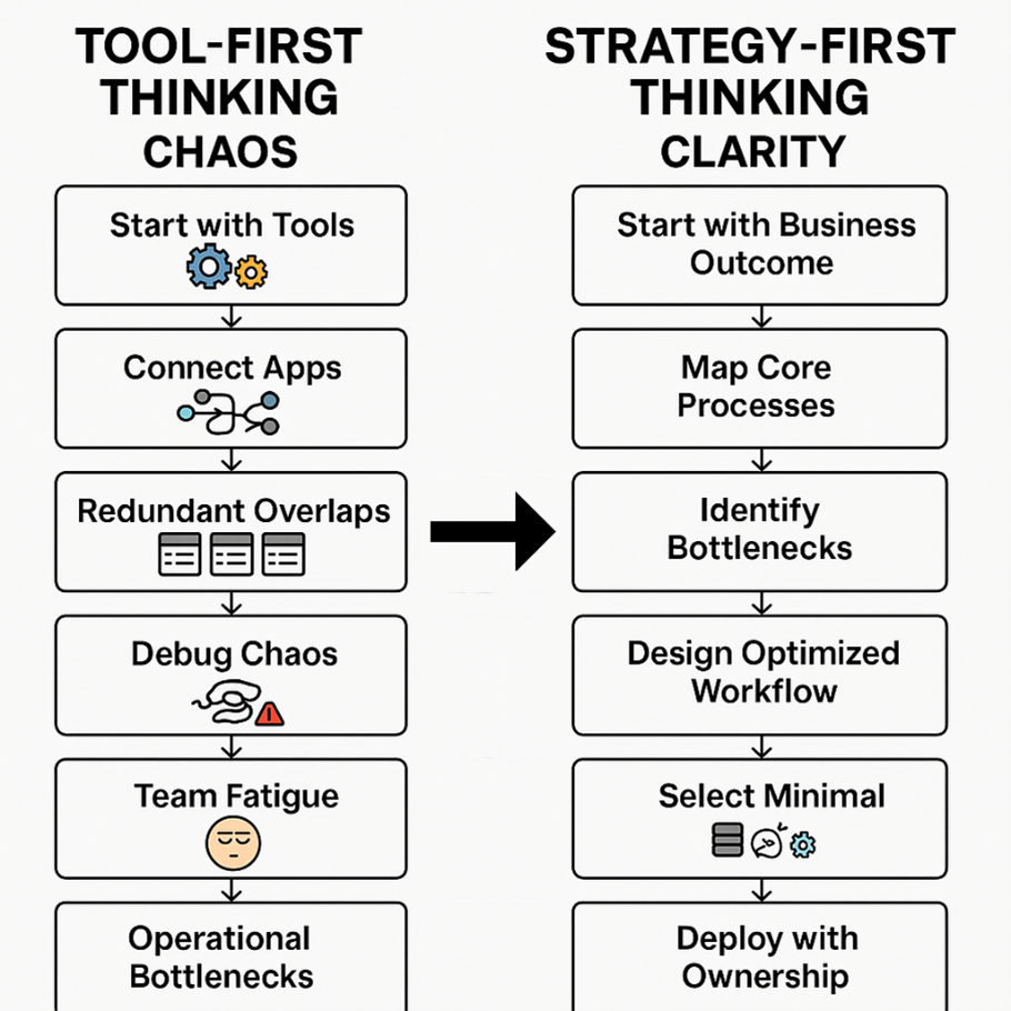 Comparison of tool-first chaos and strategy-first clarity in business automation workflows