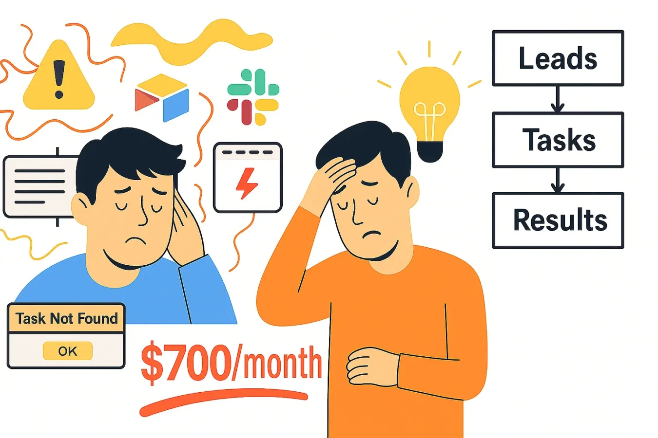 Illustration of overwhelmed team struggling with automation tools and rising costs, showing $700/month in SaaS expenses.